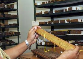 Hands examining a palm-leaf manuscript bundle in an archive